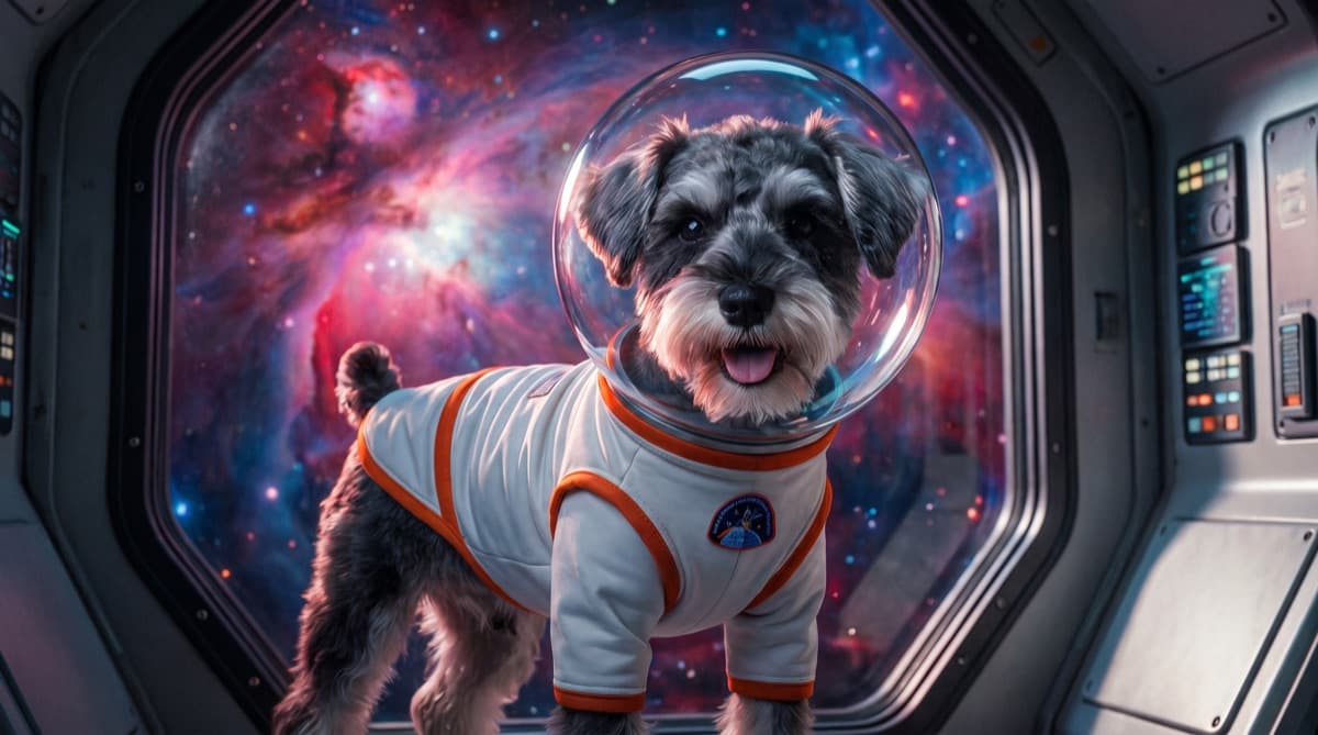 Camyu, a miniature schnauzer in a white-and-orange astronaut suit and glass helmet, stands on a starship bridge with a vivid purple-and-red nebula filling the viewport behind him.