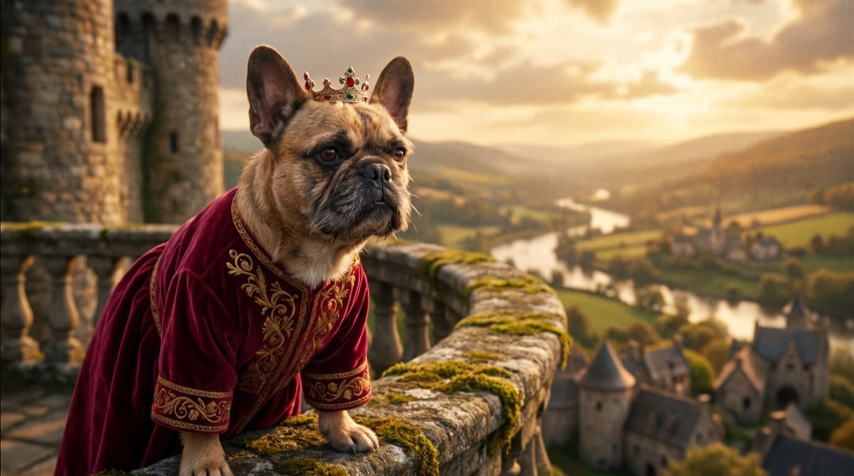 A French Bulldog in a tiny crimson-and-gold royal robe and a jeweled crown stands on a mossy stone castle balcony, overlooking a painterly fairytale kingdom of hills, a winding river, and villages at golden hour.