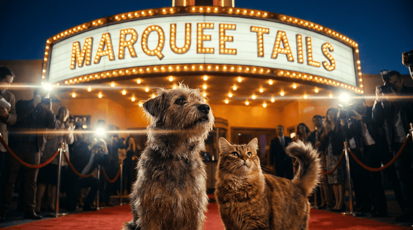 A scruffy mixed-breed dog and a tabby cat sit side by side on a red carpet at a nighttime movie premiere, gazing up at a glowing vintage theater marquee that reads MARQUEE TAILS in golden bulb letters, with paparazzi flashes on both sides.
